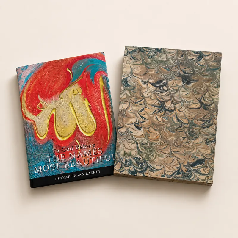 Case-bound art book beside its hand-marbled paper slipcase, sewn and finished in Karachi
