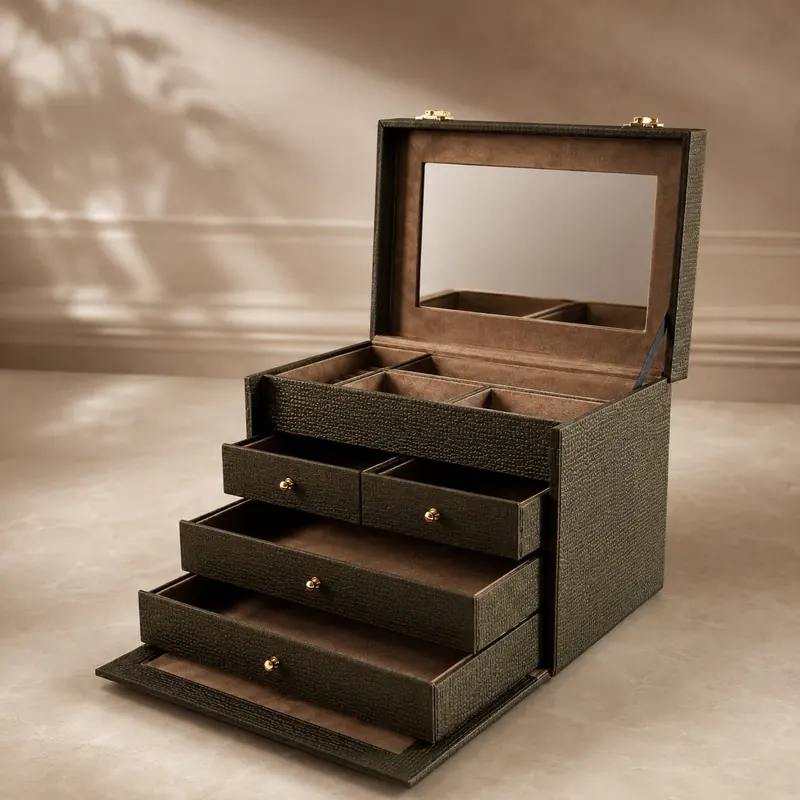 Leatherette jewellery box with hinged mirrored lid and four suede-lined drawers, opened at a three-quarter angle, made in Karachi