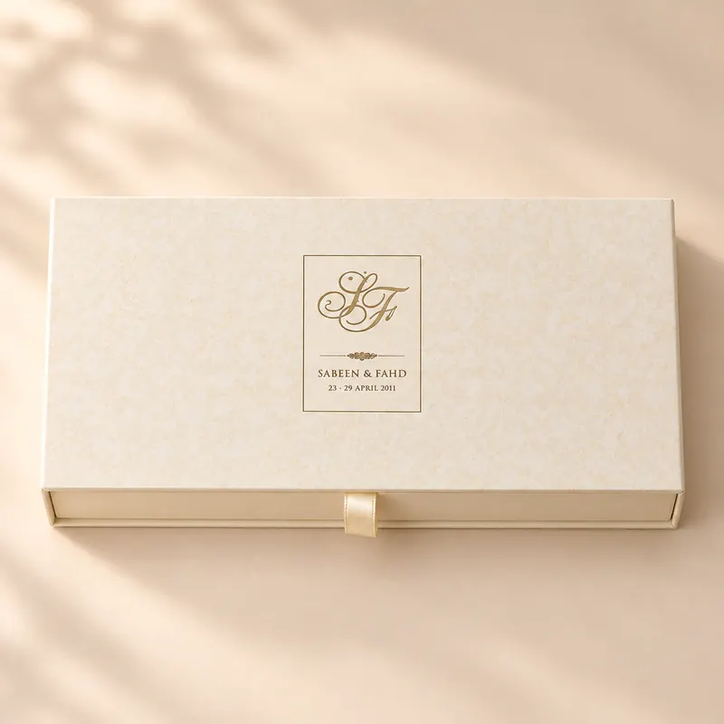 Cream patterned favour box with a gold foil-stamped monogram panel and ribbon pull, made in Karachi