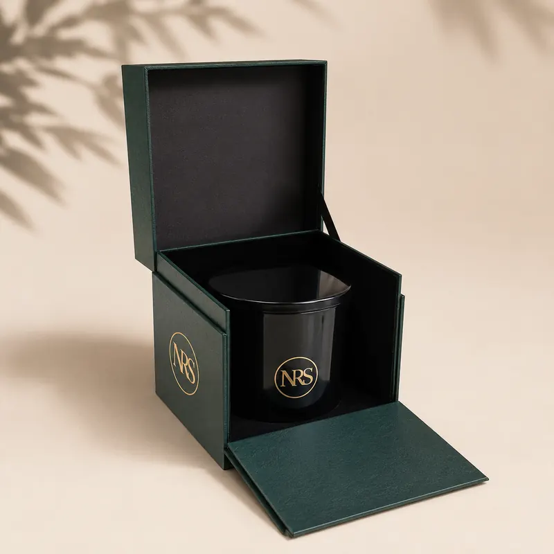 Deep green rigid presentation box with a gold foil roundel, opened to show a black vessel in a die-cut cradle